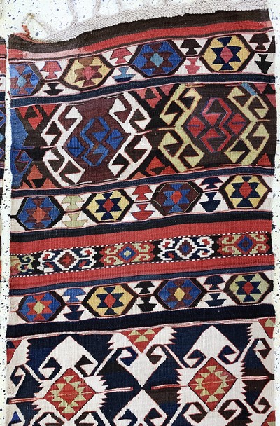 27130628b - Konya Kilim antique, Turkey, 19th century, wool on wool, approx. 390 x 155 cm, two ...