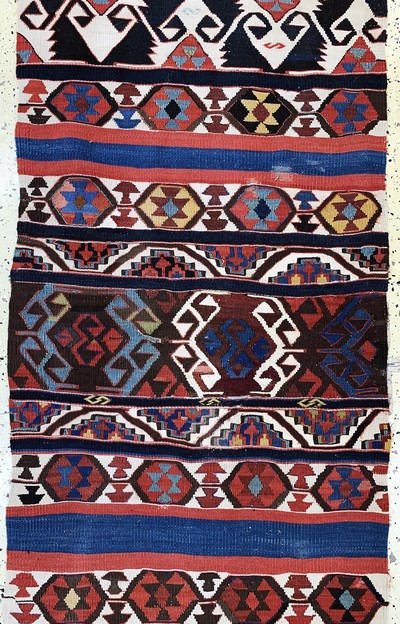27130628c - Konya Kilim antique, Turkey, 19th century, wool on wool, approx. 390 x 155 cm, two ...