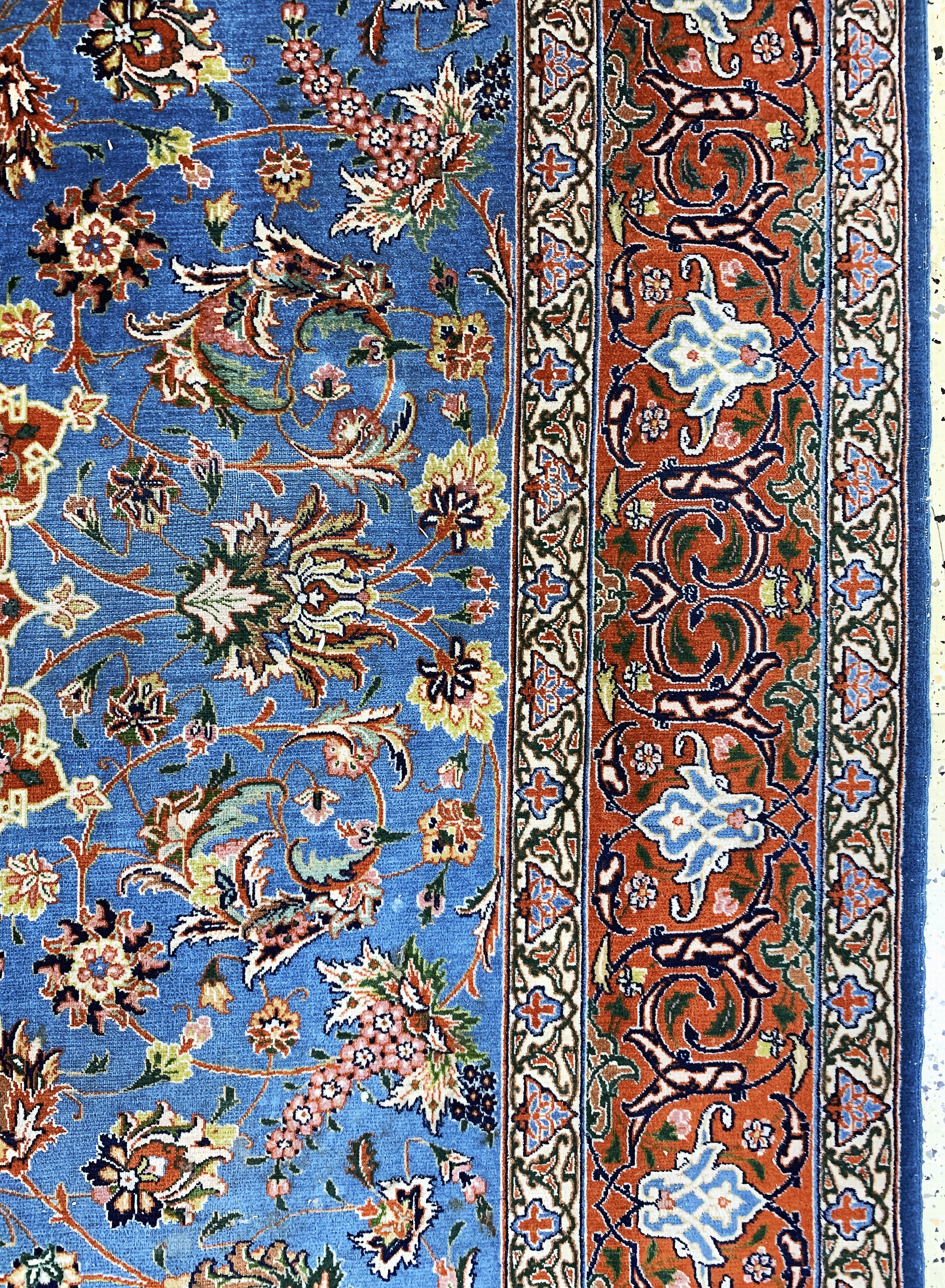 Detail e: Esfahan fein, Persien, Anfang 20.Jhd, Korkwolle auf Baumwolle, ca. 290 x 200 cm, ca.500.000 Kn/qm, EHZ: 2-3(geflickt)