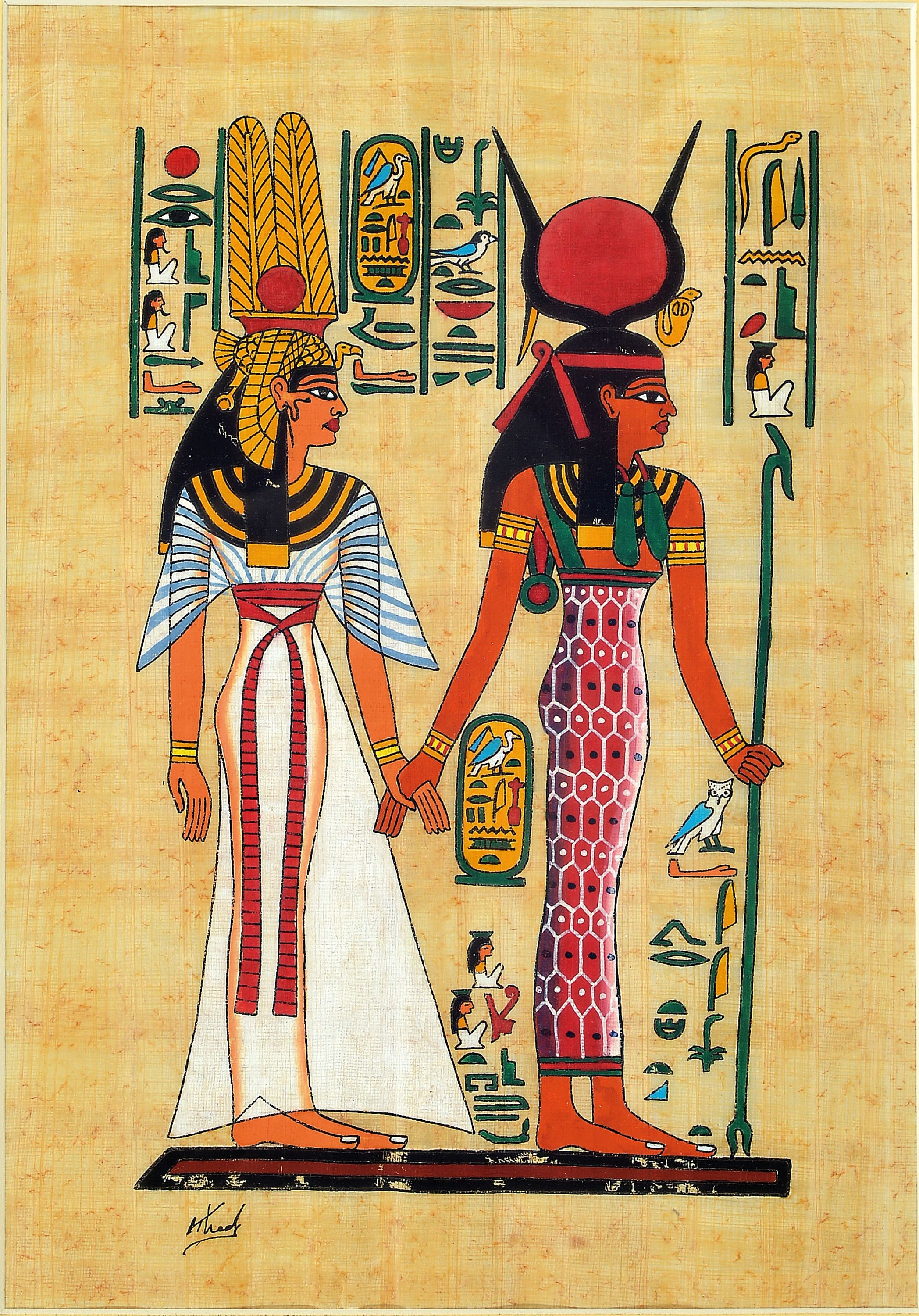 Detail a: 4 Papyrus-Malereien und eine Illustration indo-persisch, neuzeitlich, nach altem Vorbild, alle unter Glas, Rahmen, PP-Ausschnitte ca. 19..5 x 27 cm ...