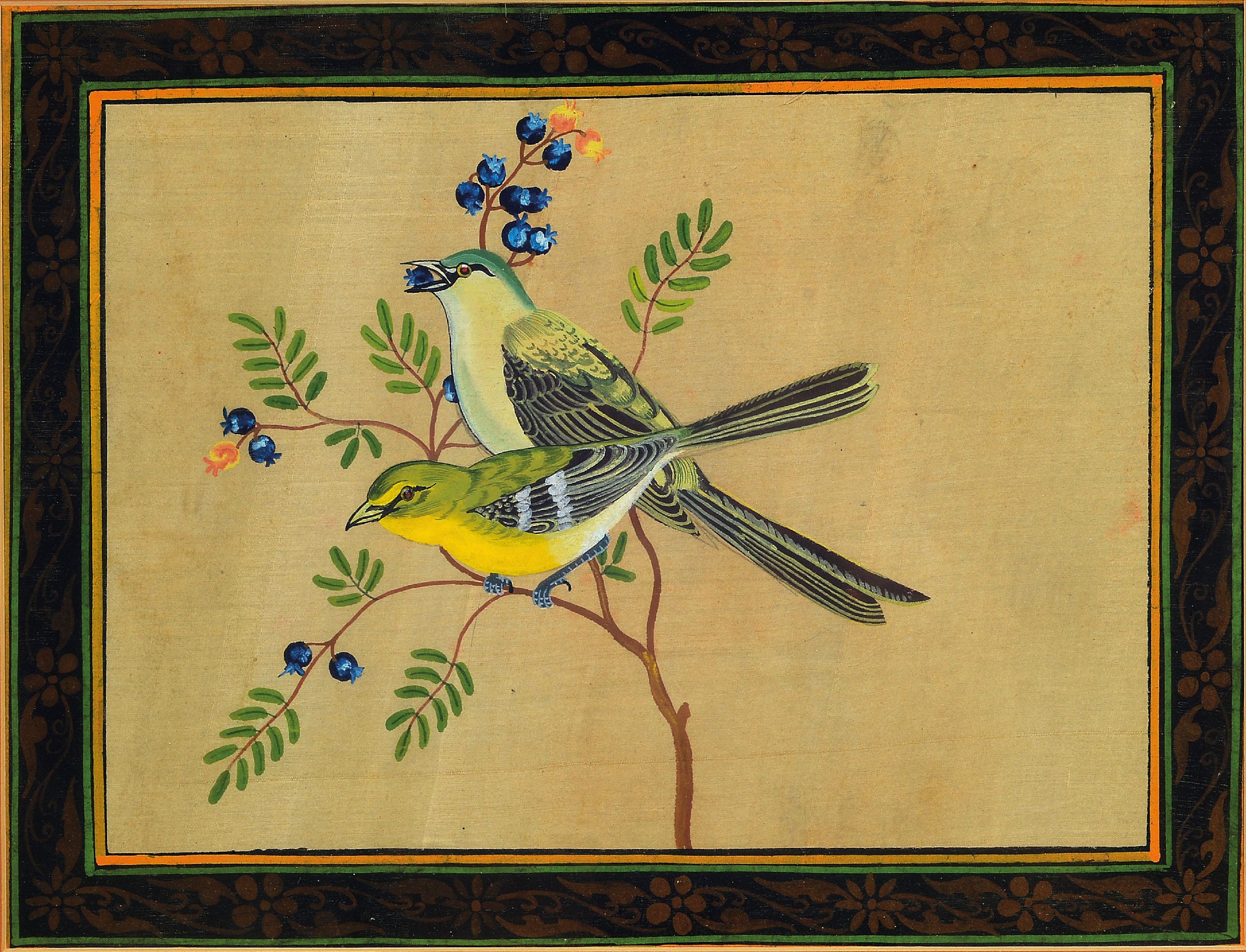 Image 27131234 - 2 indische Malereien und ein Aquarell: je Vogelpaar auf Ast sitzend, traditionelle ...