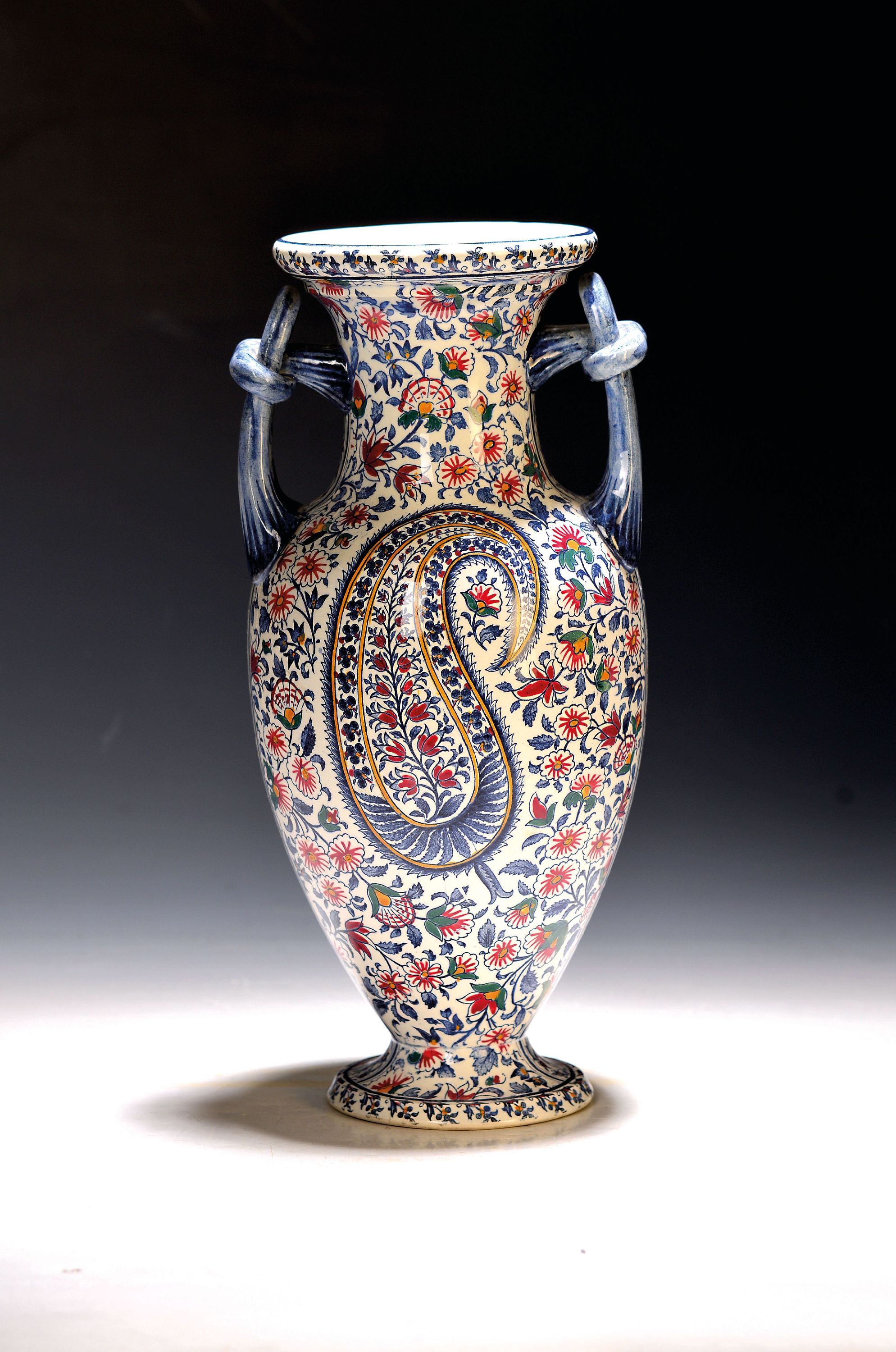 Image 27131422 - Doppelhenkelvase, Caschemir, Gien, Fayence, bunter Dekor, H. ca. 35 cm