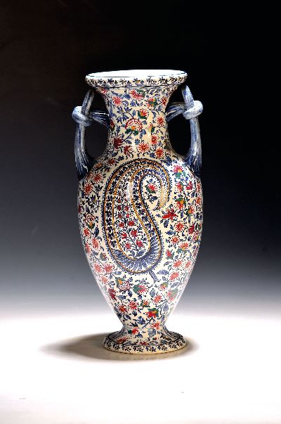 Image Double-handled vase, Cashemir, Gien, faience, colorful decor, height approx. 35 cm