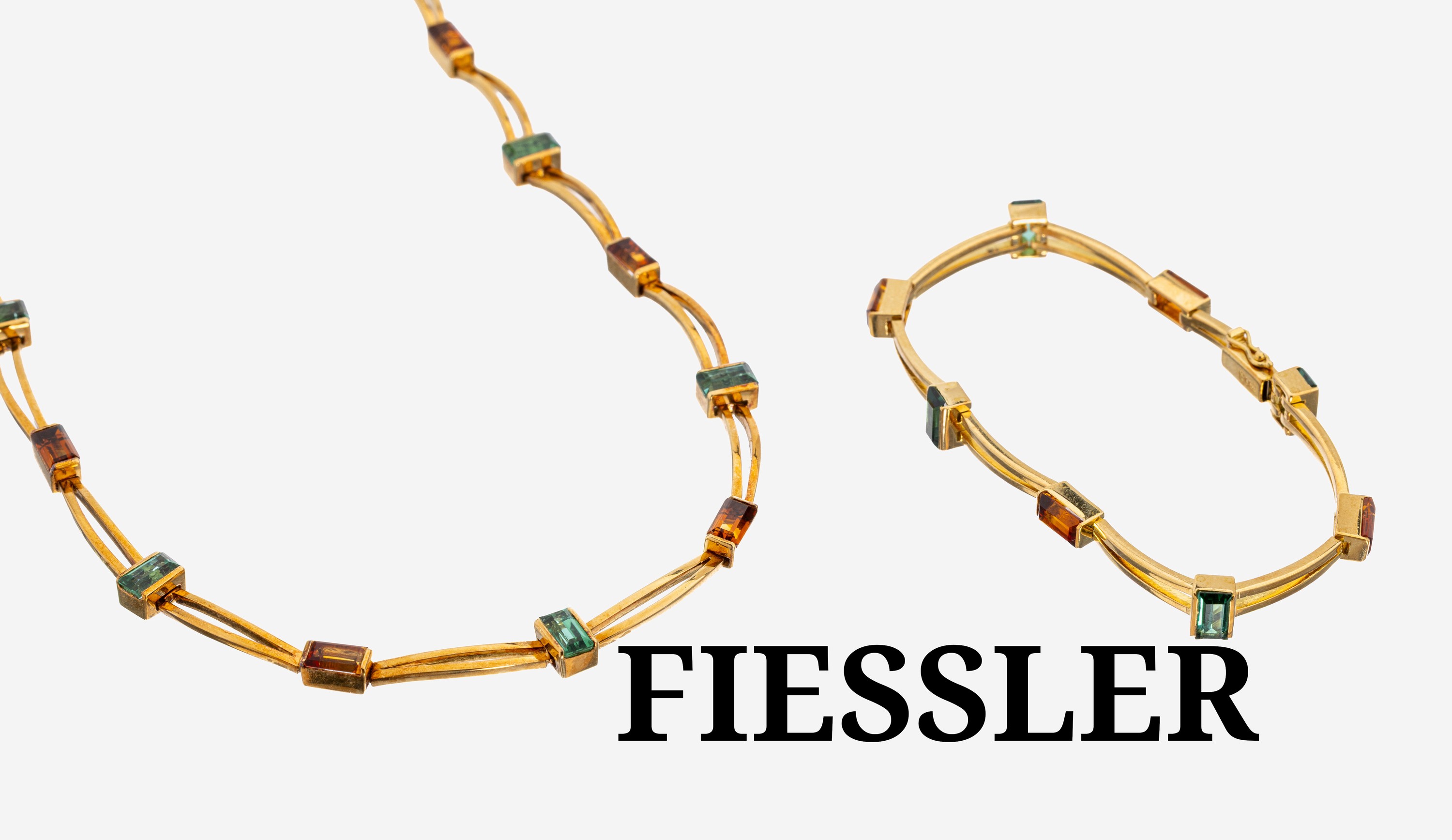Image 27131604 - 18 kt Gold FIESSLER Farbstein-Schmuckset, Pforzheim, 1970er Jahre, GG 750/000, ...