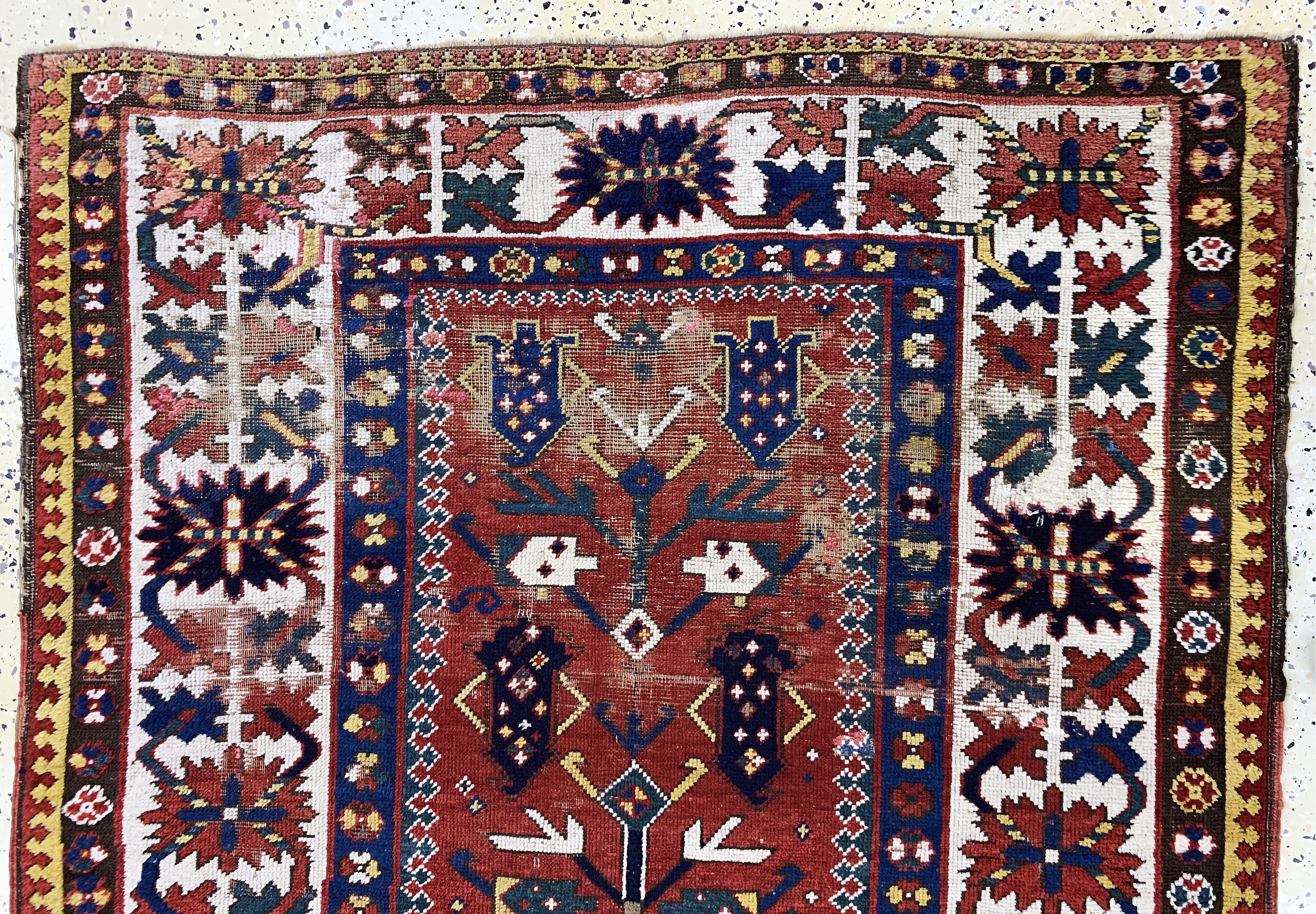 Detail a: Kazak antik, Kaukasus, 19.Jhd, Wolle auf Wolle, ca. 221 x 135 cm, EHZ: 3, (kleine restaurierungen)