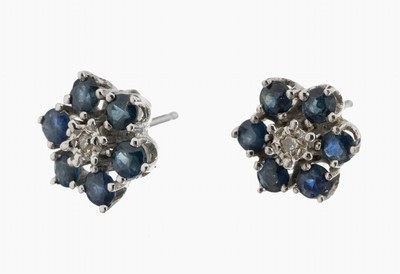 Image Pair of 14 kt gold sapphire-diamond-earrings , WG 585/000, 12 round bevelled sapphires ...