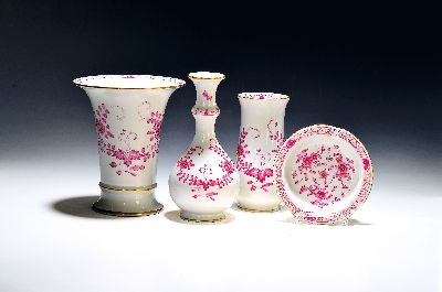 Image 4 pieces of porcelain, Meissen, 20th century, 1st choice, Indian purple decor, gold ...