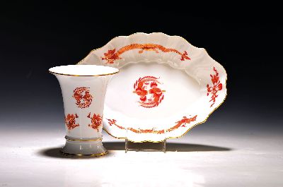 Image Bowl and vase, Meissen, 20th century, 1st choice, decoration of red wind dragon ...