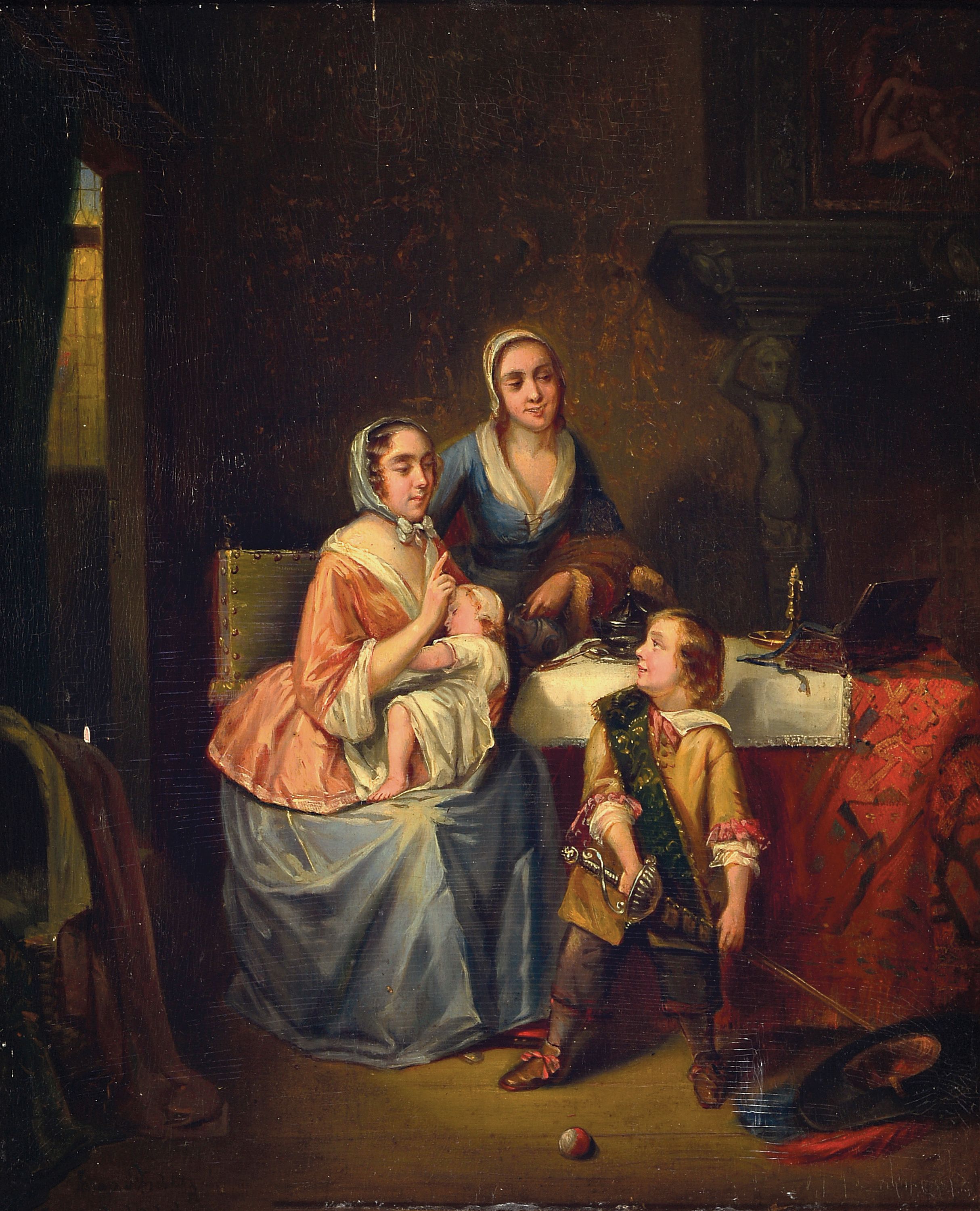 Image 27132120 - Zuschreibung: Julius Scholtz, 1825 Breslau-1893 Dresden, Familie in der Stube, Öl/Holz, ...
