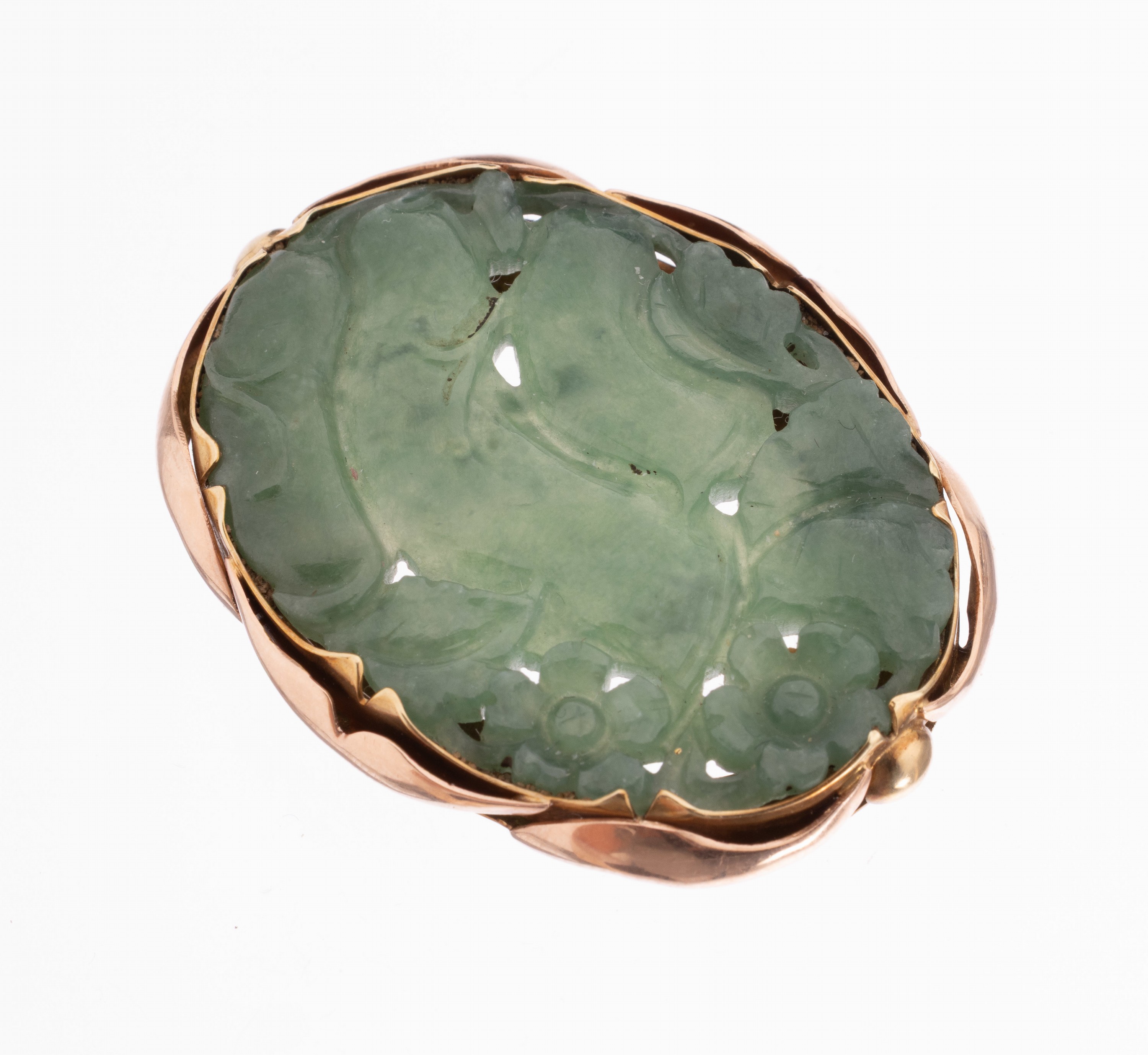 Image 27132128 - 14 kt Gold Jade-Brosche, RG/GG 585/000, mittig Jade, floral, geschnitzt und ...