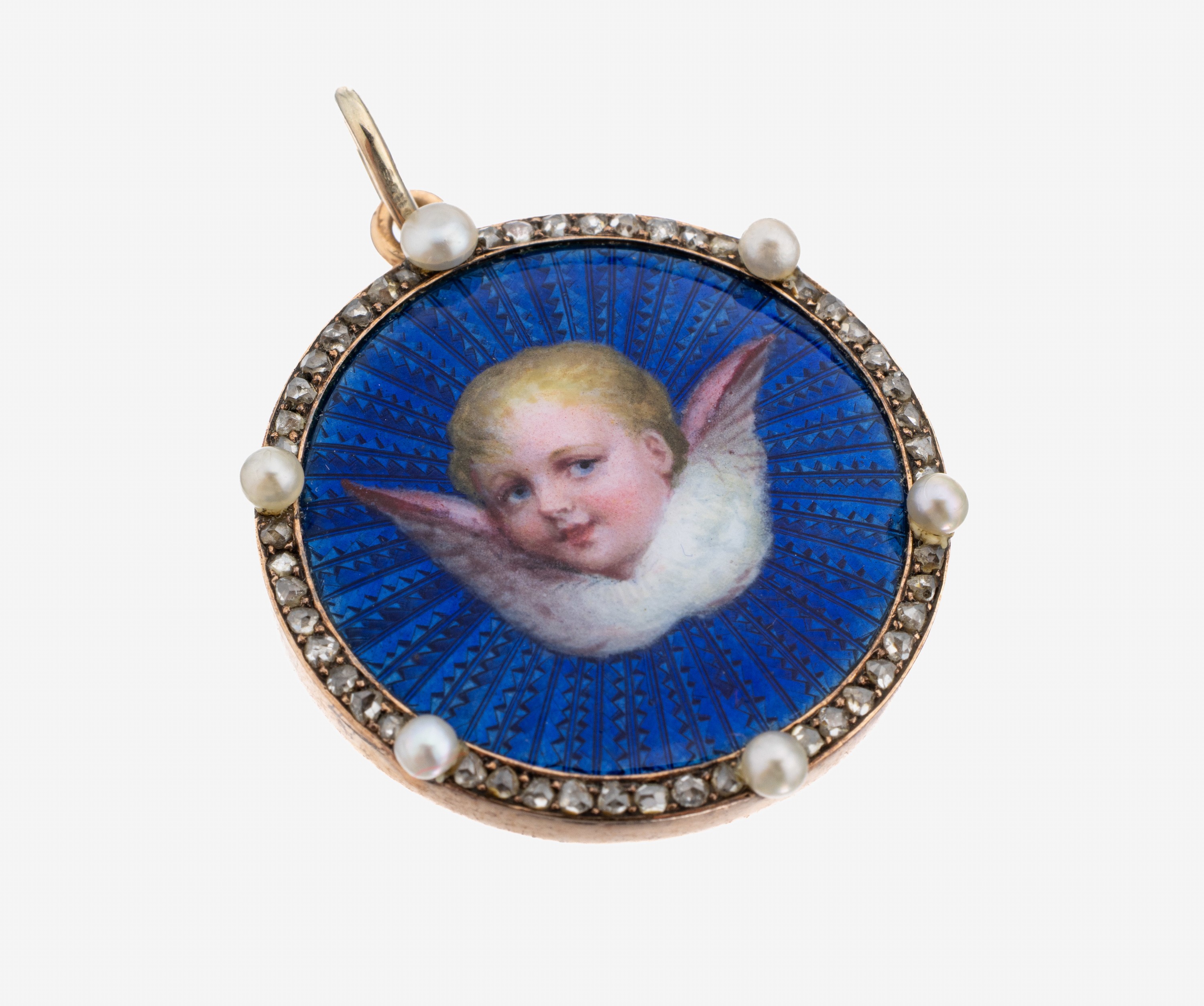 Image 27132159 - 14 kt Gold Email-Diamant-Perl-Anhänger, um 1900, GG 585/000 gepr., rund, mittig ...