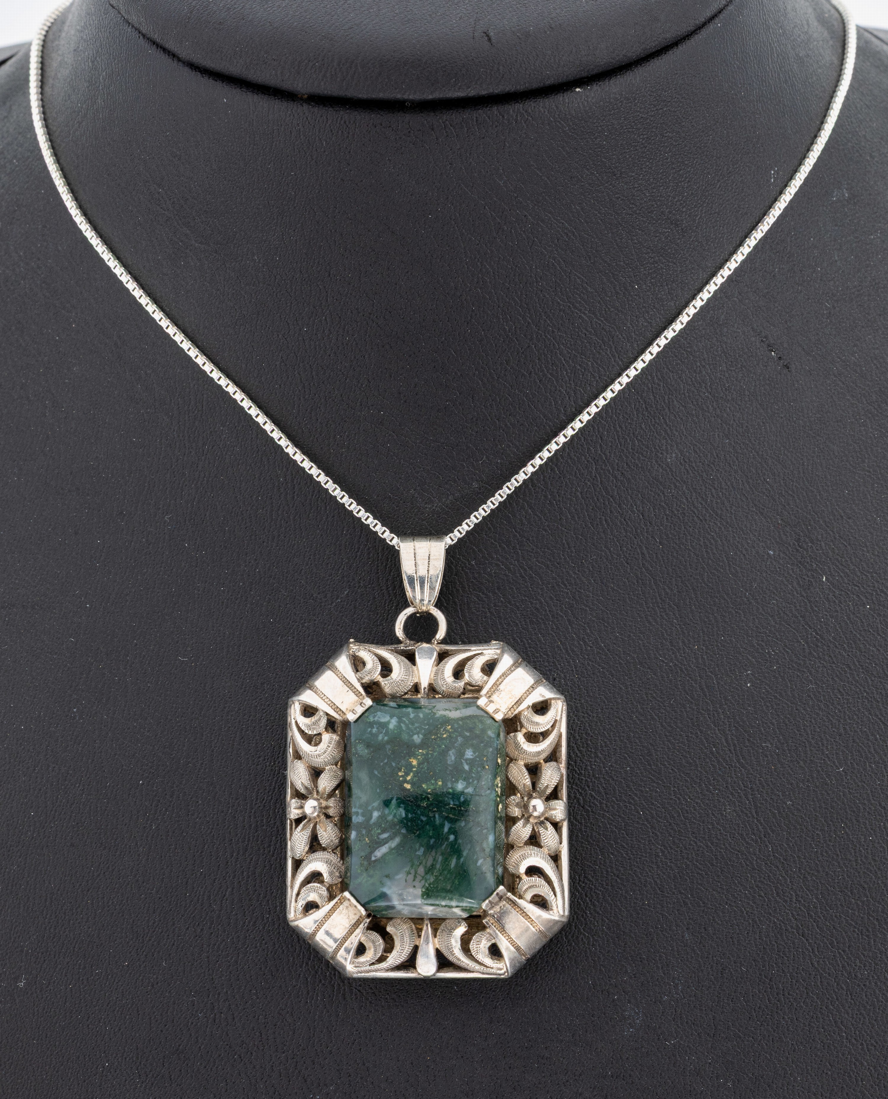 Image 27132182 - Moss agate-pendant, Pforzheim, approx. 1930 , silver tested, octagonal basic shape, ...