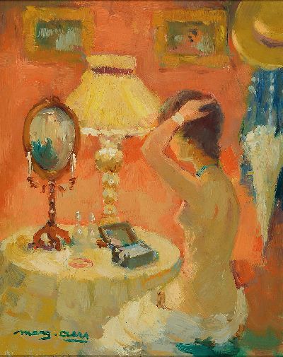 Image Marguerite Aers, 1918-1995, At the toilet, lady in front of the mirror, oil/hardboard, ...