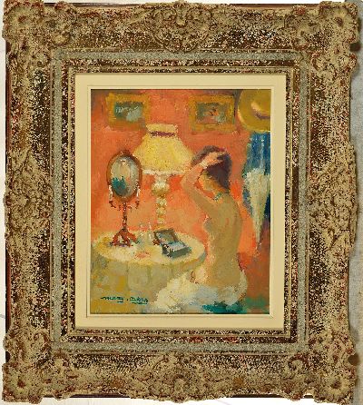 27132119k - Marguerite Aers, 1918-1995, Bei der Toilette, Dame vor dem Spiegel, Öl/Hartfaser, links ...