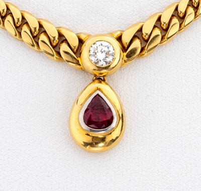 27132130a - 18 kt gold brilliant-ruby-necklace , YG 750/000, heavy high quality workmanship, ...