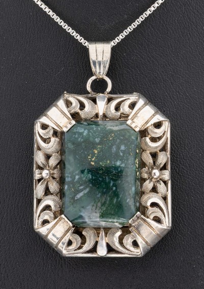 27132182a - Moss agate-pendant, Pforzheim, approx. 1930 , silver tested, octagonal basic shape, ...