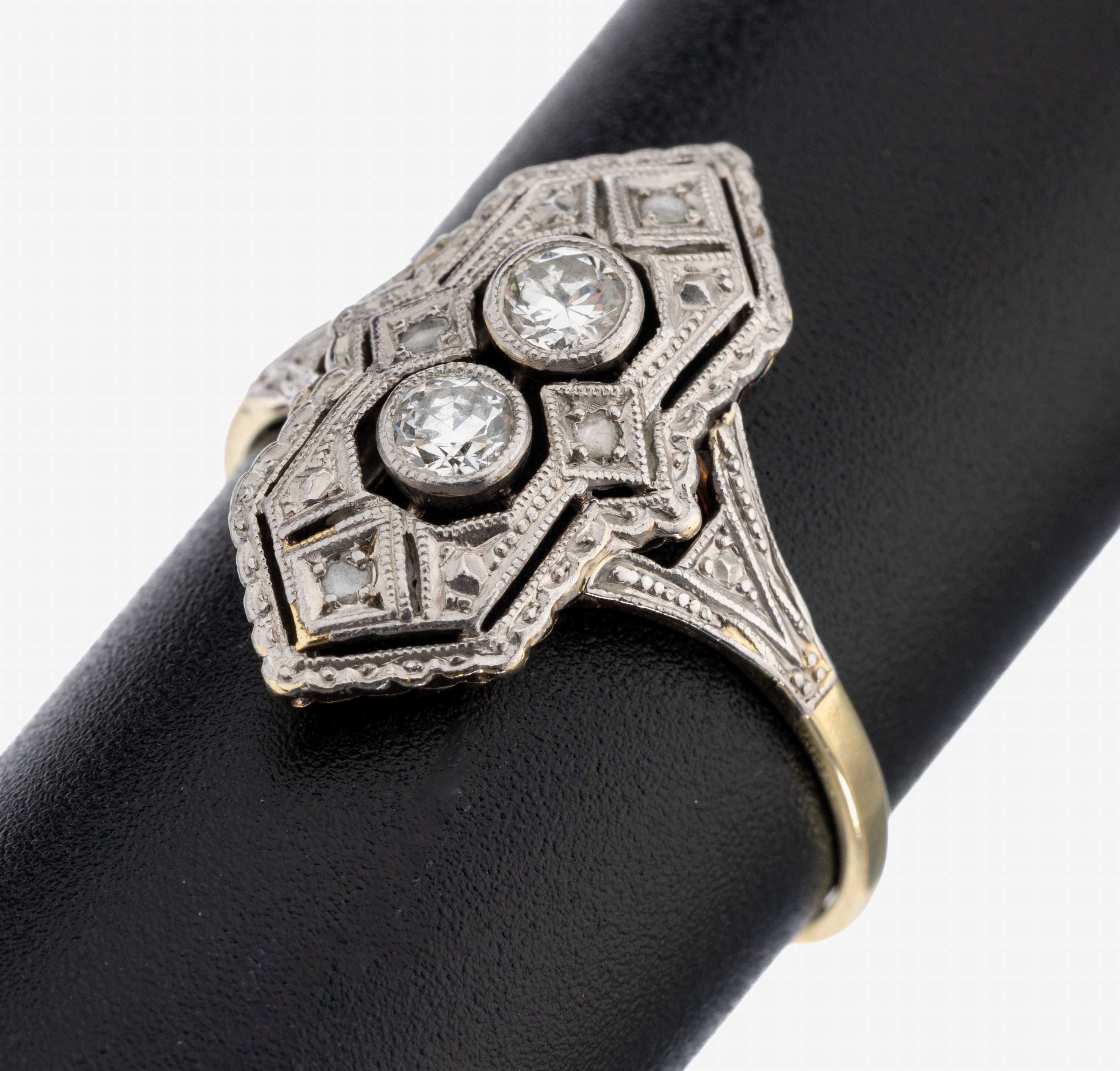 Image 27132222 - 14 kt gold Art Deco diamond-ring , YG/WG 585/000, geometric, ring head WG, fret work, 2 ...