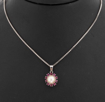 Image 14 kt gold pearl-ruby-pendant , WG 585/000, centered cultured pearl, diam. approx. 7.2 ...