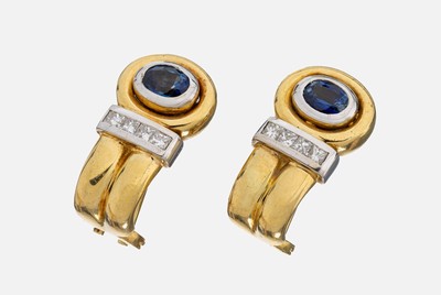 Image Pair of 18 kt gold sapphire-diamond-earrings , YG/WG 750/000, 2 in WG set oval bevelled ...
