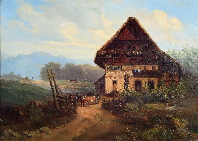 Image C. Oberhoffer, dated 1851, farmhouse with people and cows in a low mountain landscape, ...