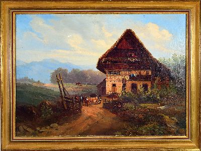 27132390k - C. Oberhoffer, datiert 1851, Bauernhaus mit Personen und Kühen in ...