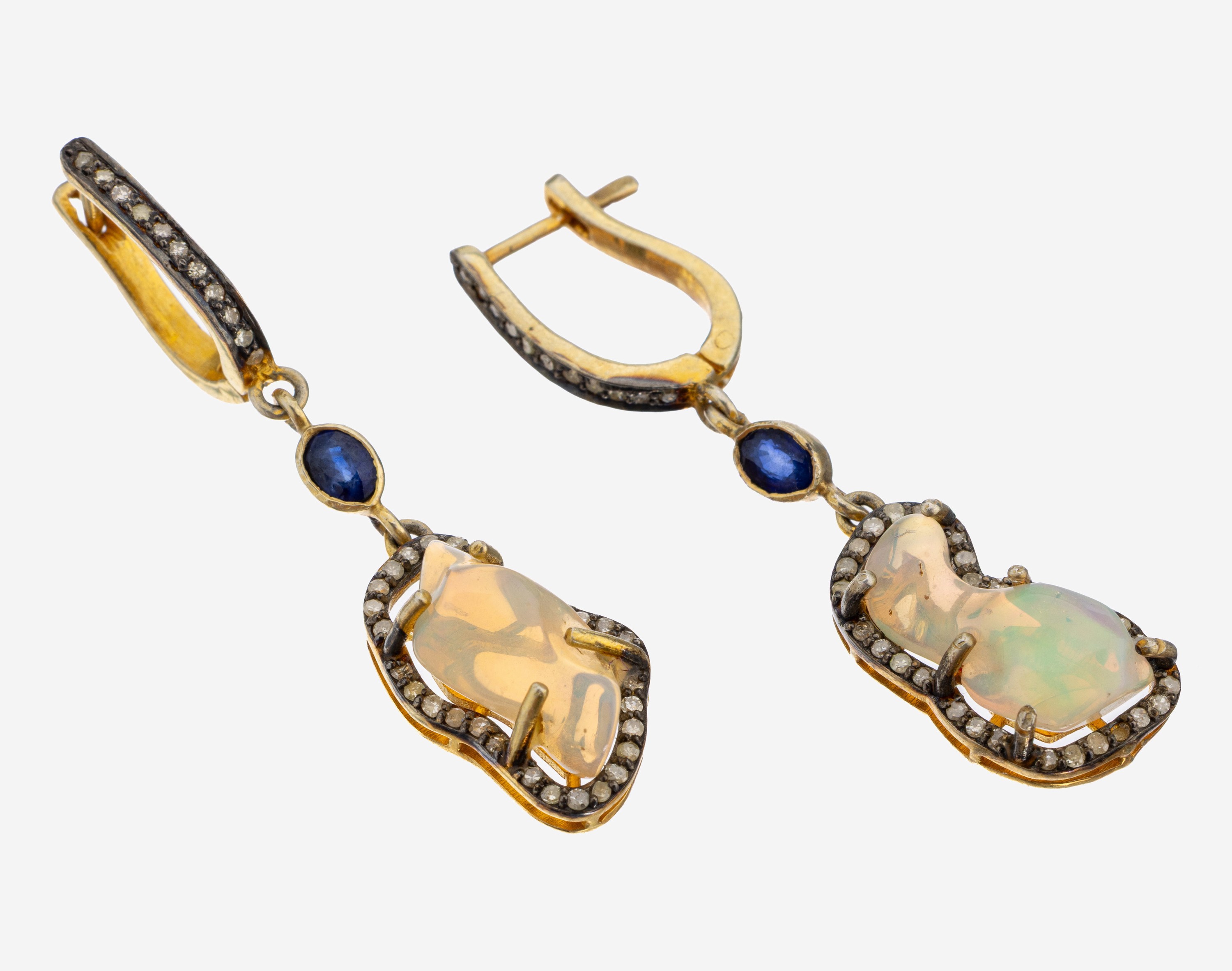 Image 27132425 - Paar Opal-Saphir-Diamant-Ohrhänger, 925er Silber teilverg., in sich bewegl. ...