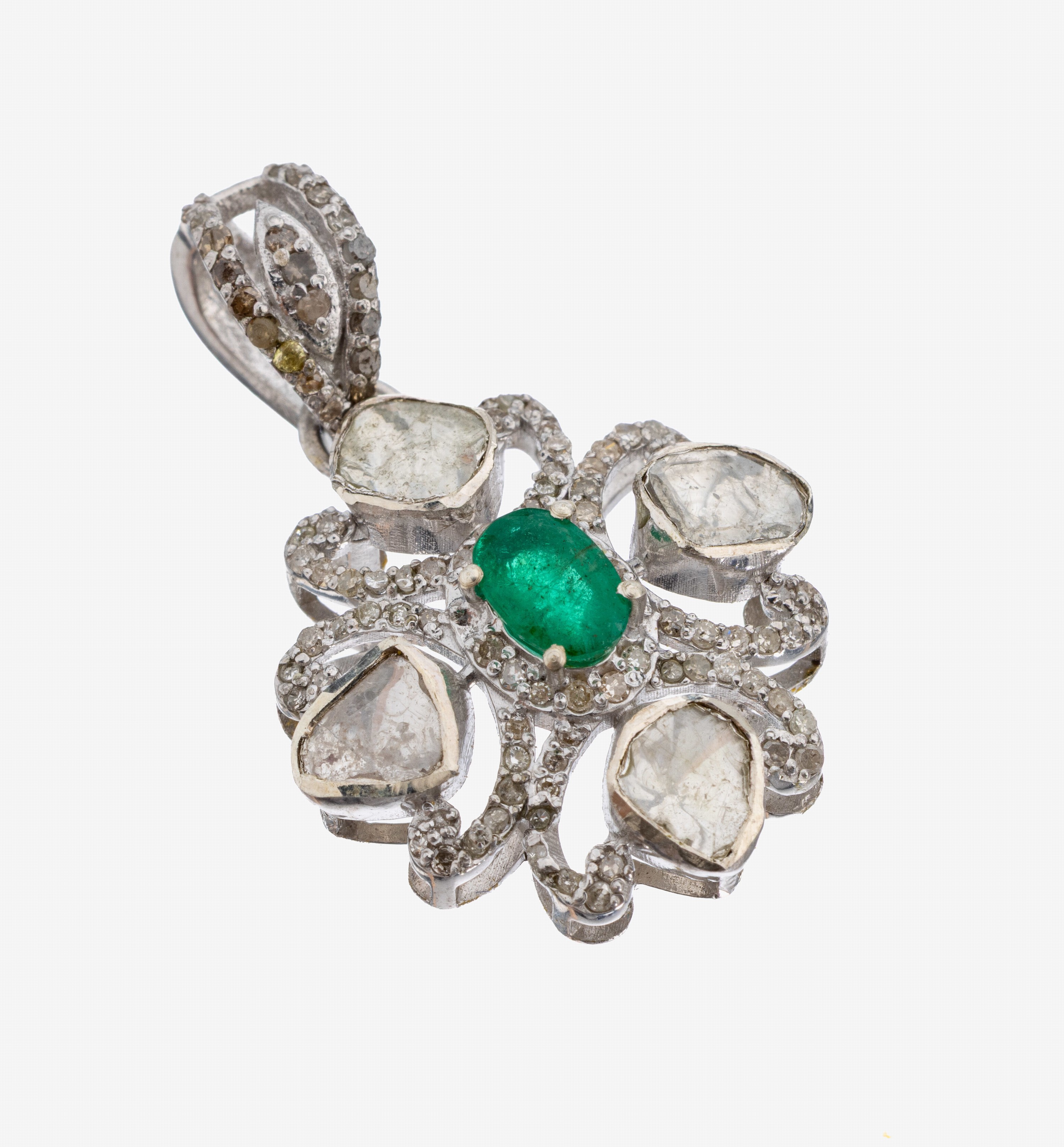 Image 27132450 - Smaragd-Diamant-Anhänger, 925er Silber, abstrakte Blüte mit geschwungenen Elementen, ...