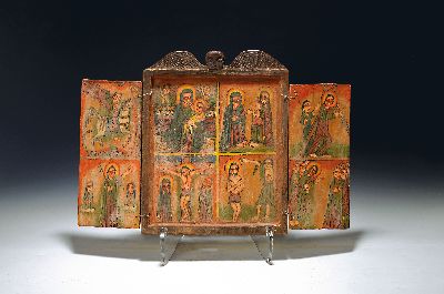 27132697k - koptische klappbare Altarikone/ Triptychon, äthiopisch-orthodox, wohl 2. Hälfte 20. ...