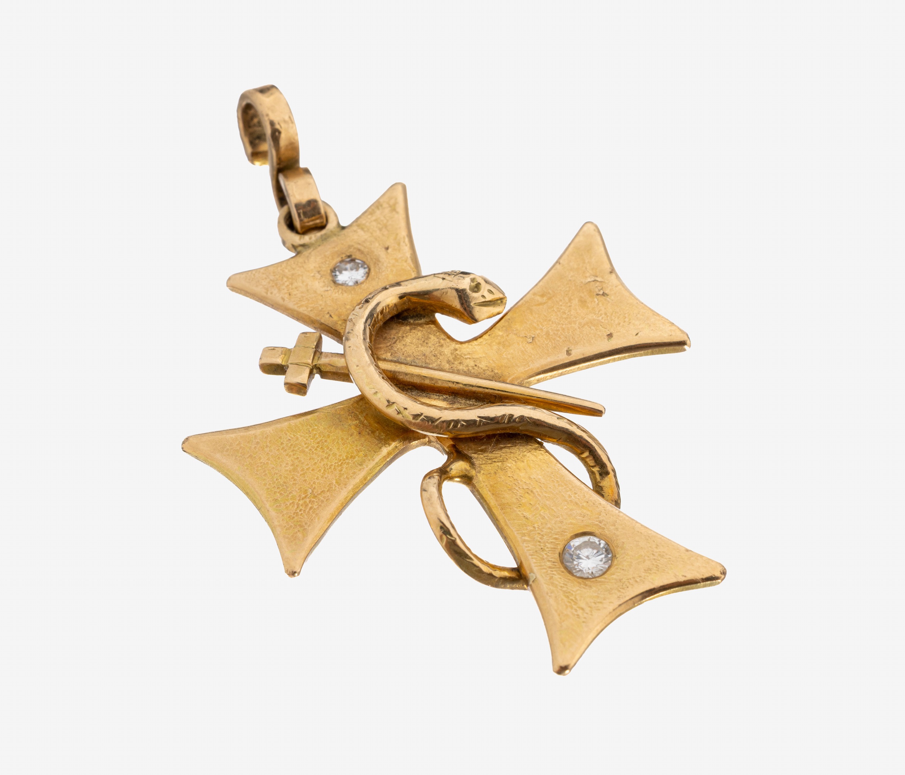 Image 27133322 - 14 kt Gold Brillant-Kreuzanhänger, GG 585/000, dekoriert mit Schwert und Schlange, ...