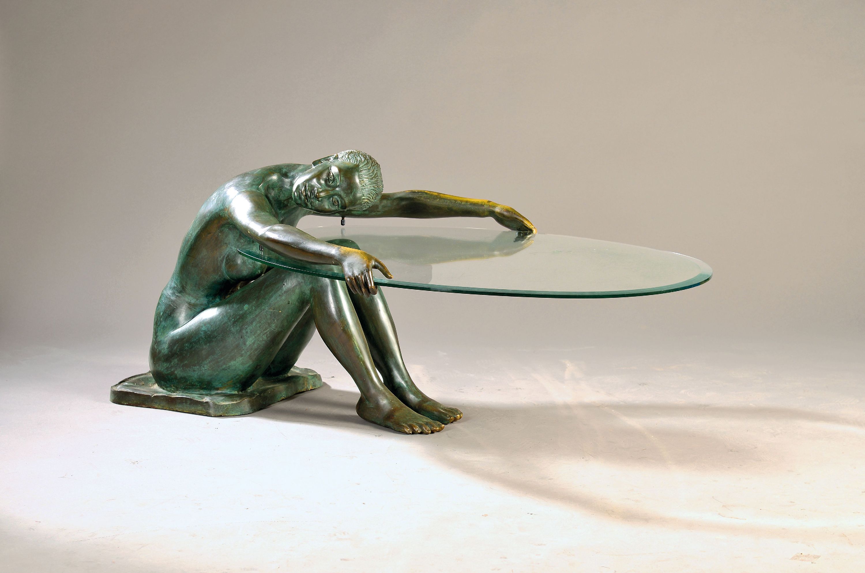 Image 27133379 - Coffee table/coffee table, probably Valenti, 1980s, bronze sculpture of crouching female ...