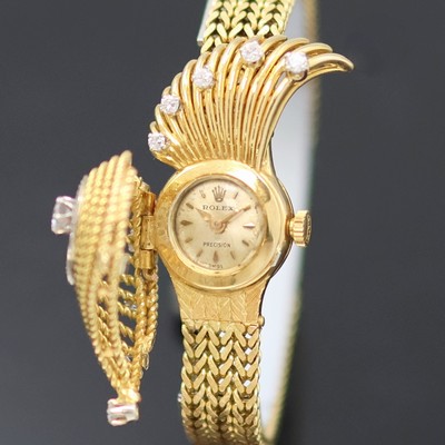 27133338a - BUCHERER / ROLEX ausgefallene Damenarmbanduhr mit Diamantbesatz in GG 750/000, Schweiz ...