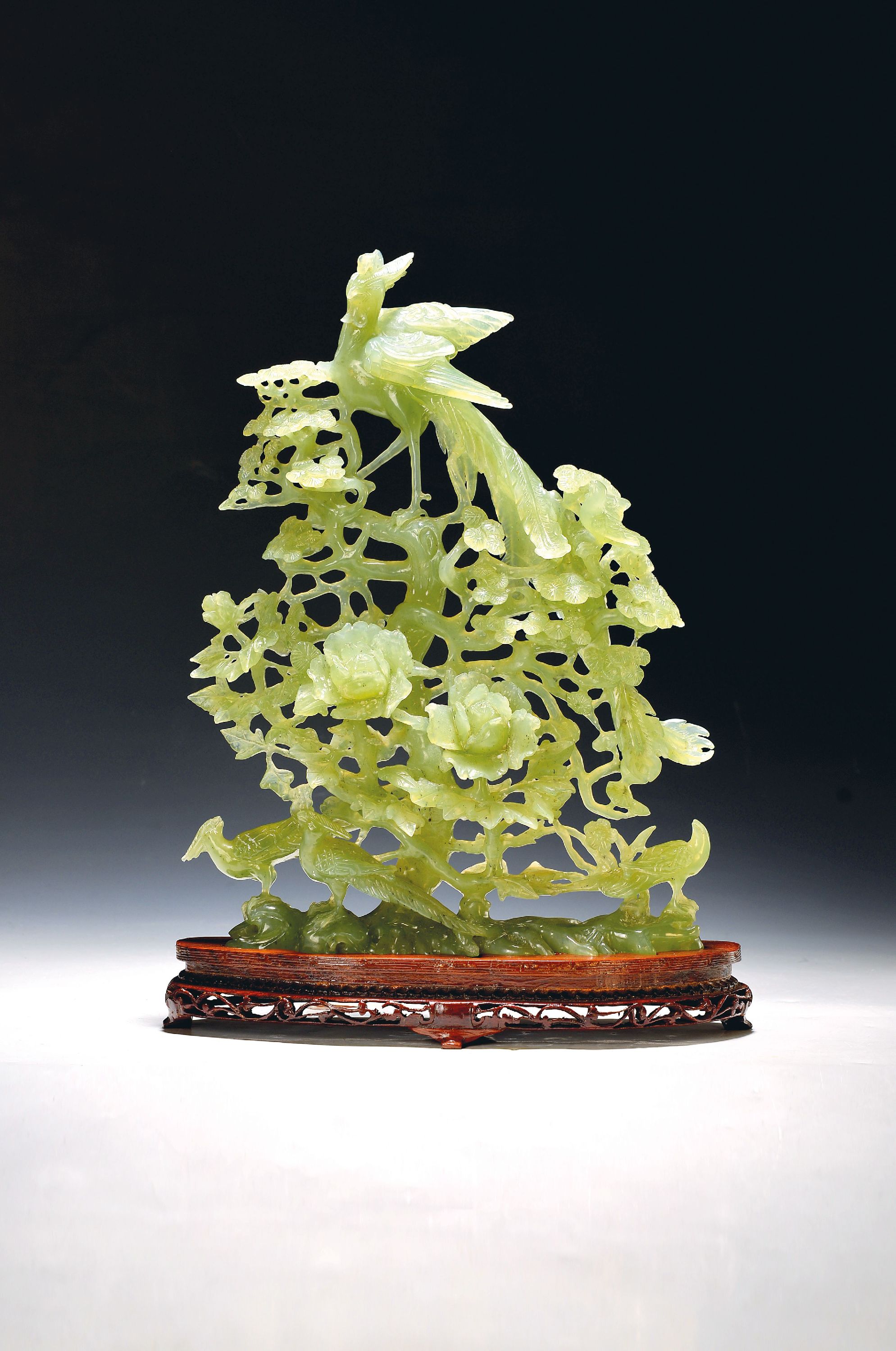 Image 27133579 - Large jade carving, China, probably 70/80s, phoenix on a tree and flowers, birds at the ...