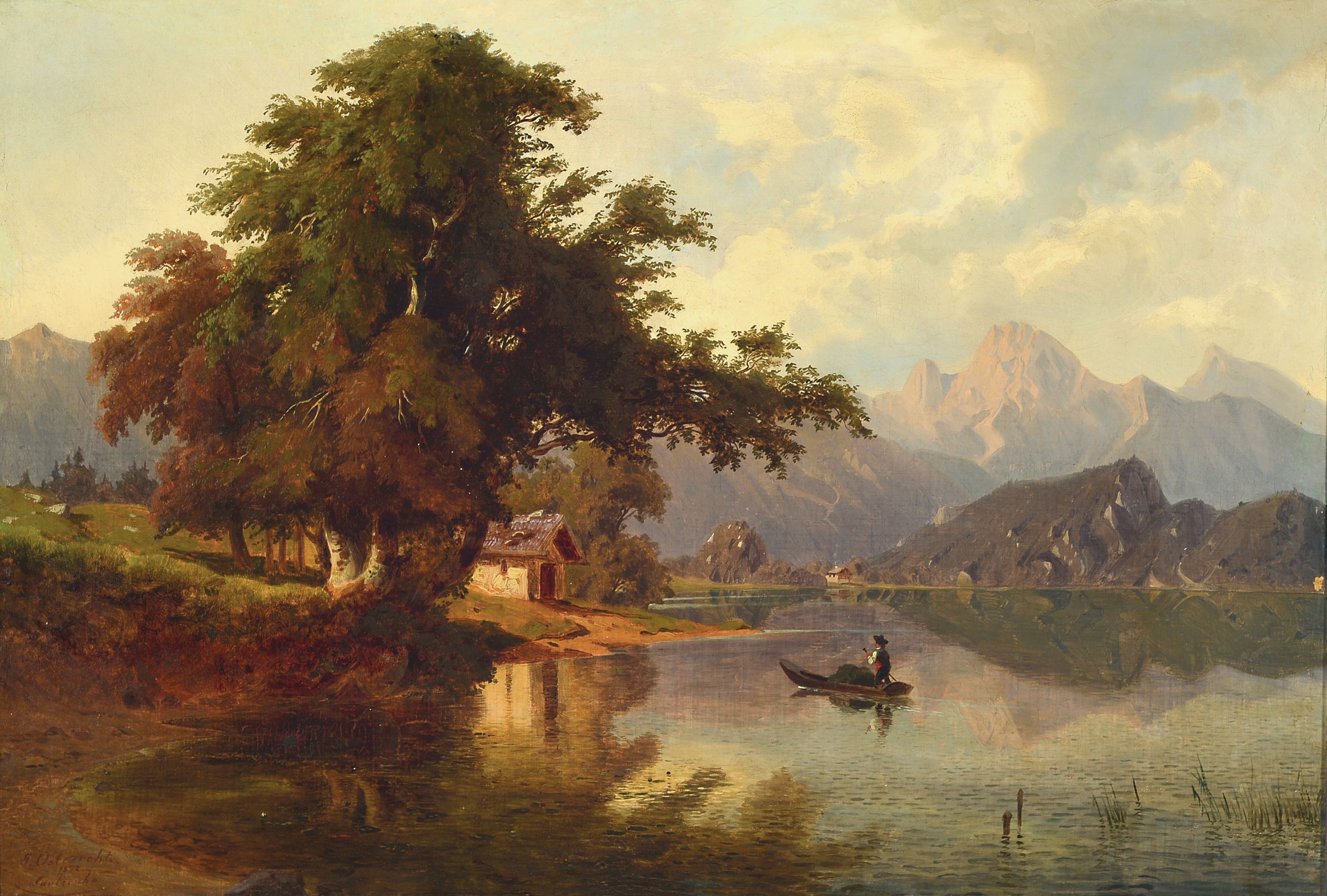 Image 27133854 - Gustav Osterroht, 1836 Stendsitz-1874 Karlsruhe, Hütte am Bergsee mit Kahn und ...