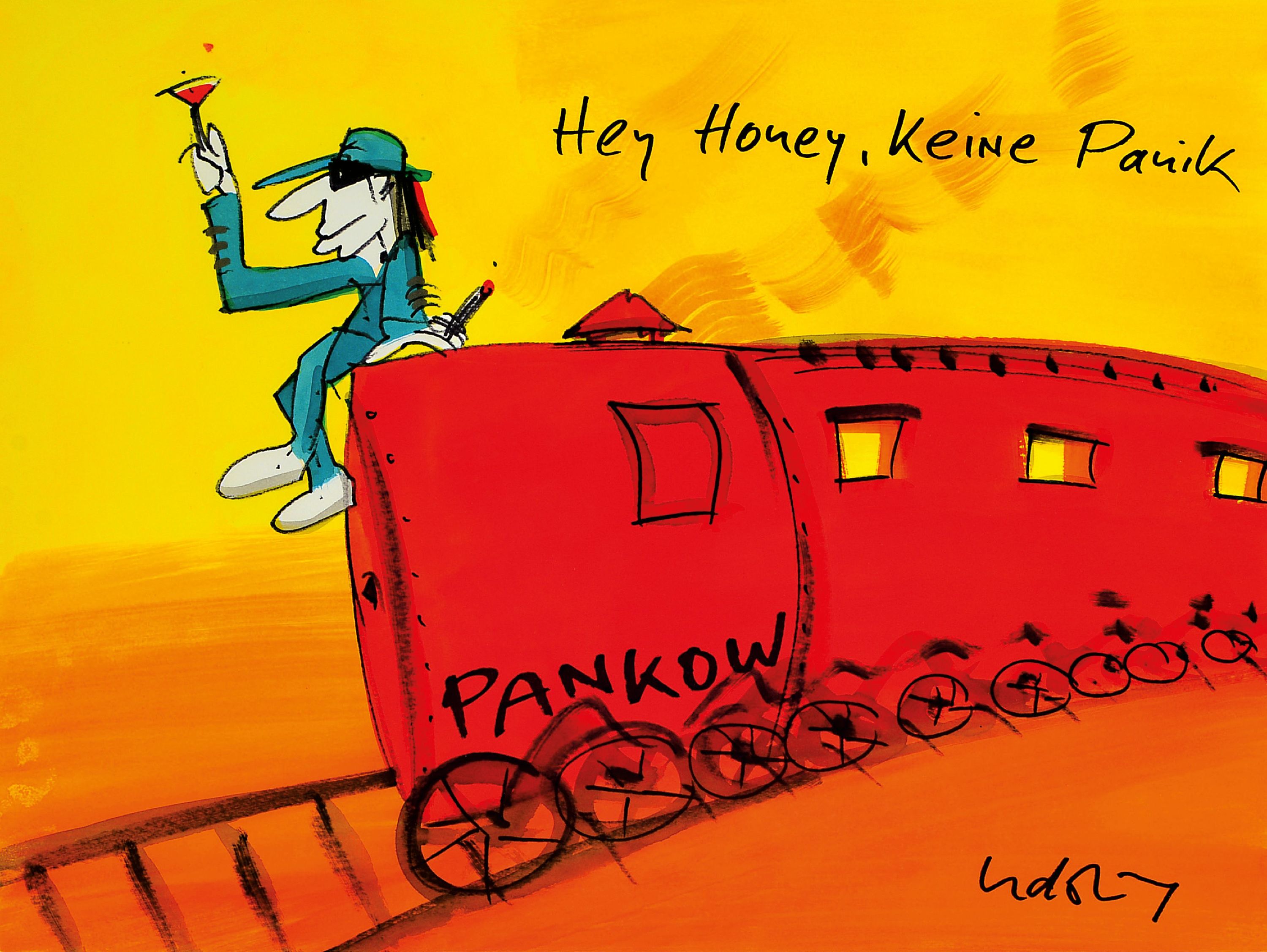 Image 27133856 - Udo Lindenberg, geb. 1946, Aquarell/Likörell, ´Hey Honeys, keine Panik, (Sonderzug nach ...