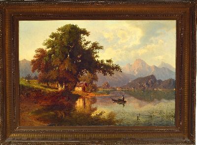 27133854k - Gustav Osterroht, 1836 Stendsitz-1874 Karlsruhe, Hütte am Bergsee mit Kahn und ...
