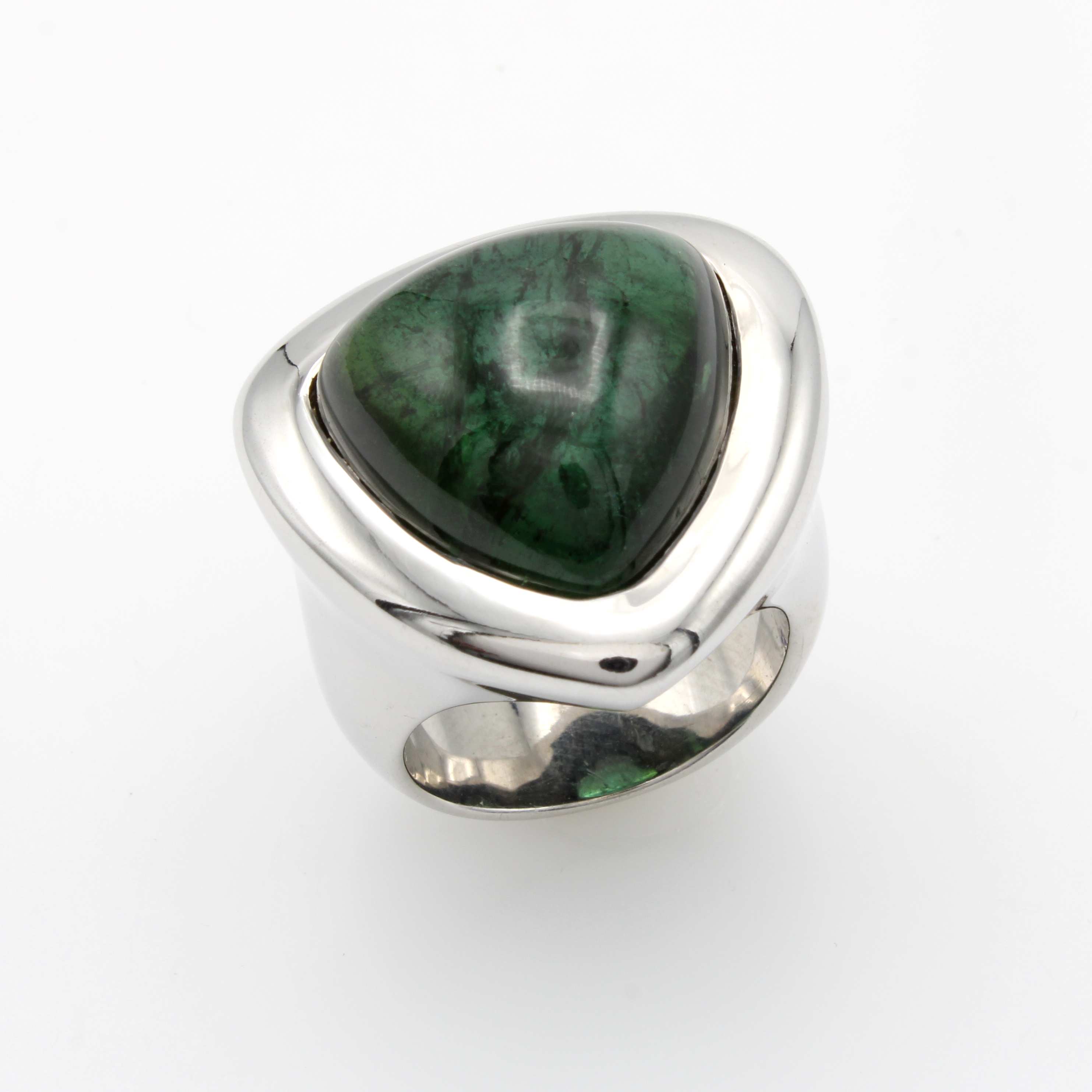 Image 27133900 - Ring mit Turmalin, 925er Silber, dunkelgrüner, dreieckiger Turmalincabochon ca.29 ct, ...