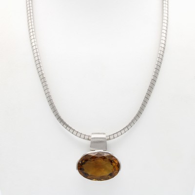 Image Anhänger mit Rauchquarz an flacher Kette, 925er Silber, ovaler, fac. Rauchquarz in ...