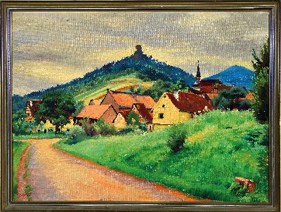 27133915k - August Wilde, 1881 Ludwigshafen-1950 Bad Dürkheim, Blick auf eine Ortschaft im Dahner ...