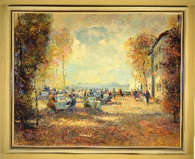 27133978k - Unleserlich signiert, deutsch, 1960er Jahre, belebter Biergarten an einem See, im ...