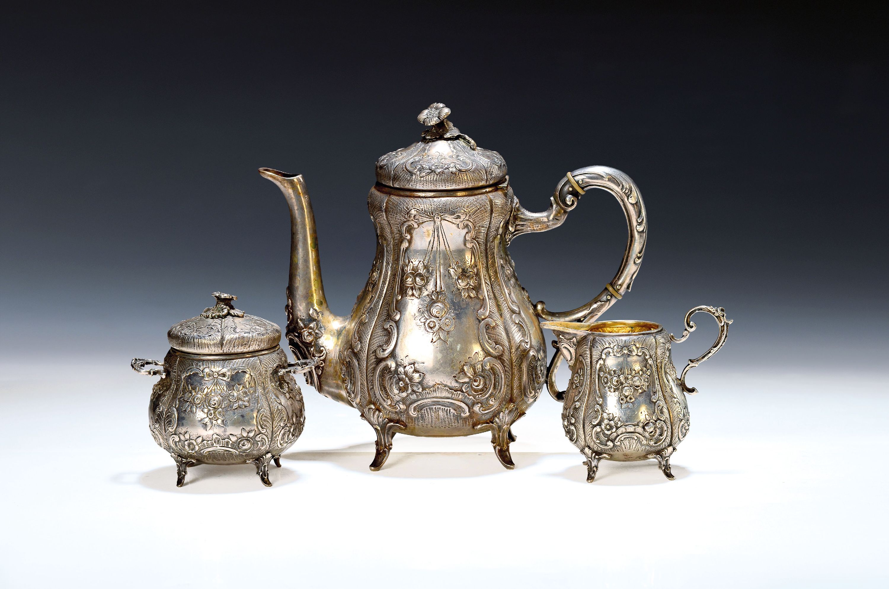 Image 27134523 - Coffee set, 800 silver, probably Hanau around 1900, rococo style, coffee pot, sugar bowl, ...