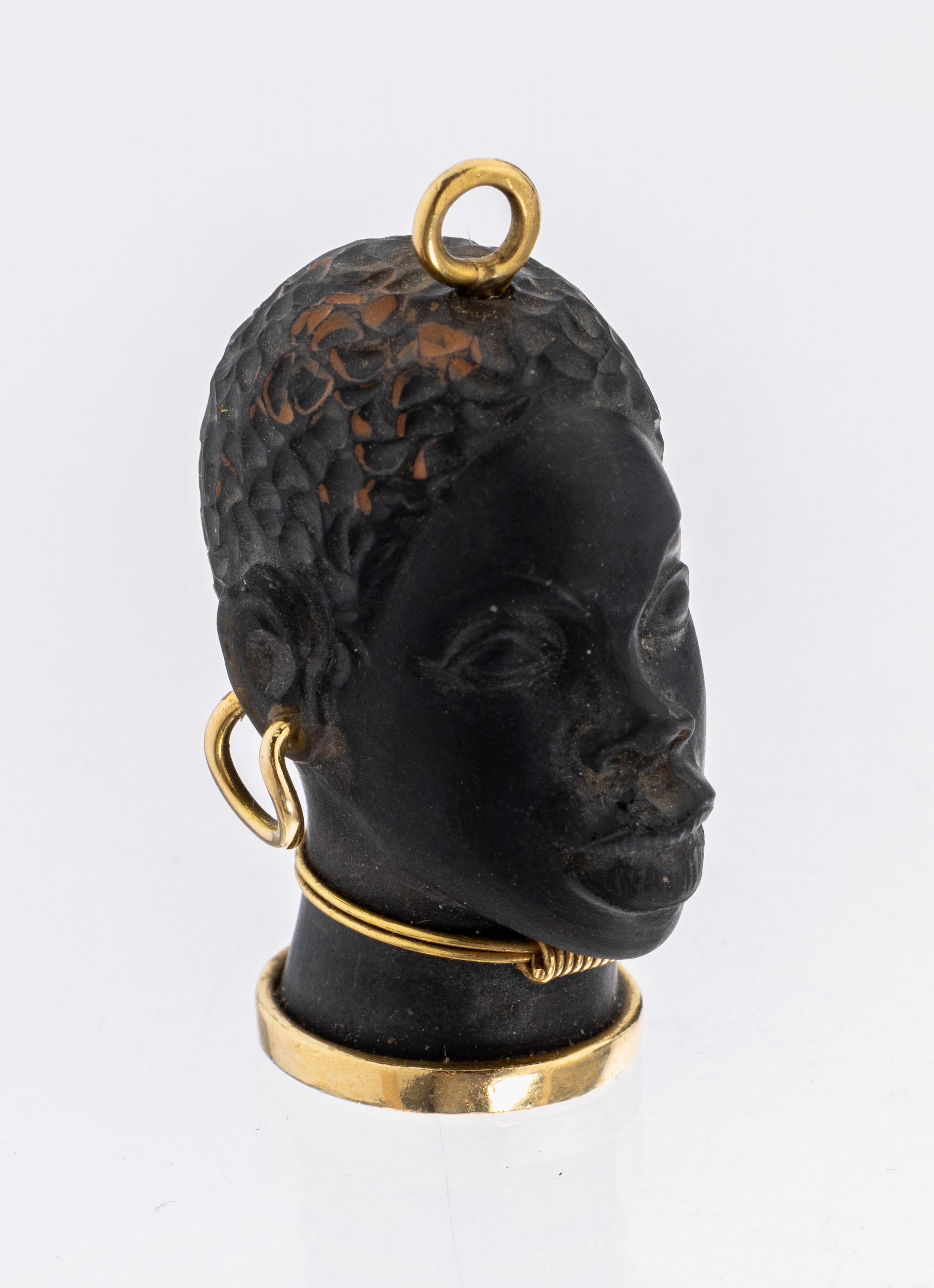 Image 27134536 - 18 kt Gold Anhänger, GG 750/000, Darstellung eines Damenkopfes, wohl Onyx, mit ...