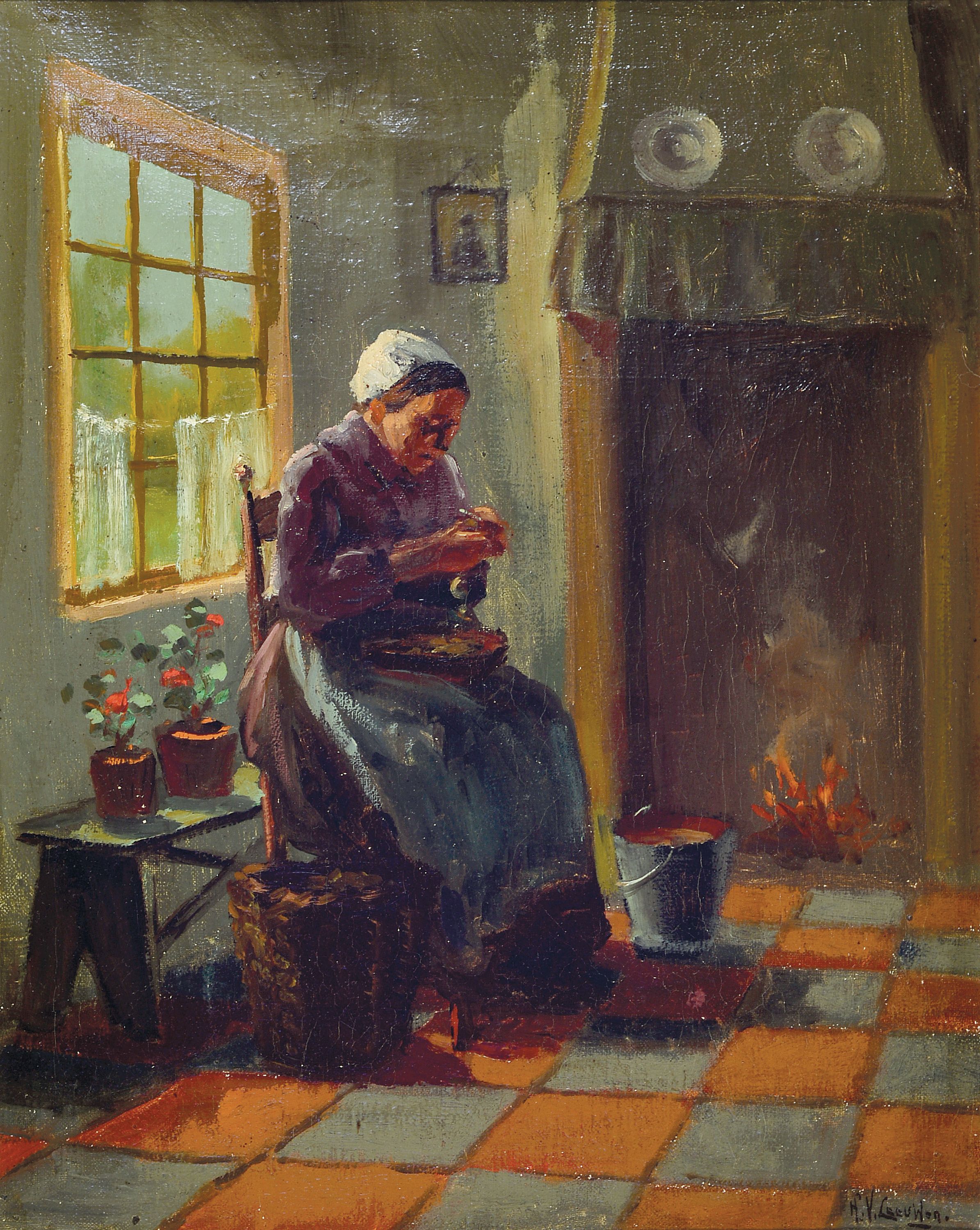 Image 27134543 - Hendrik van Leeuwen, 1890-1972, kitchen interior with a woman peeling potatoes in front ...