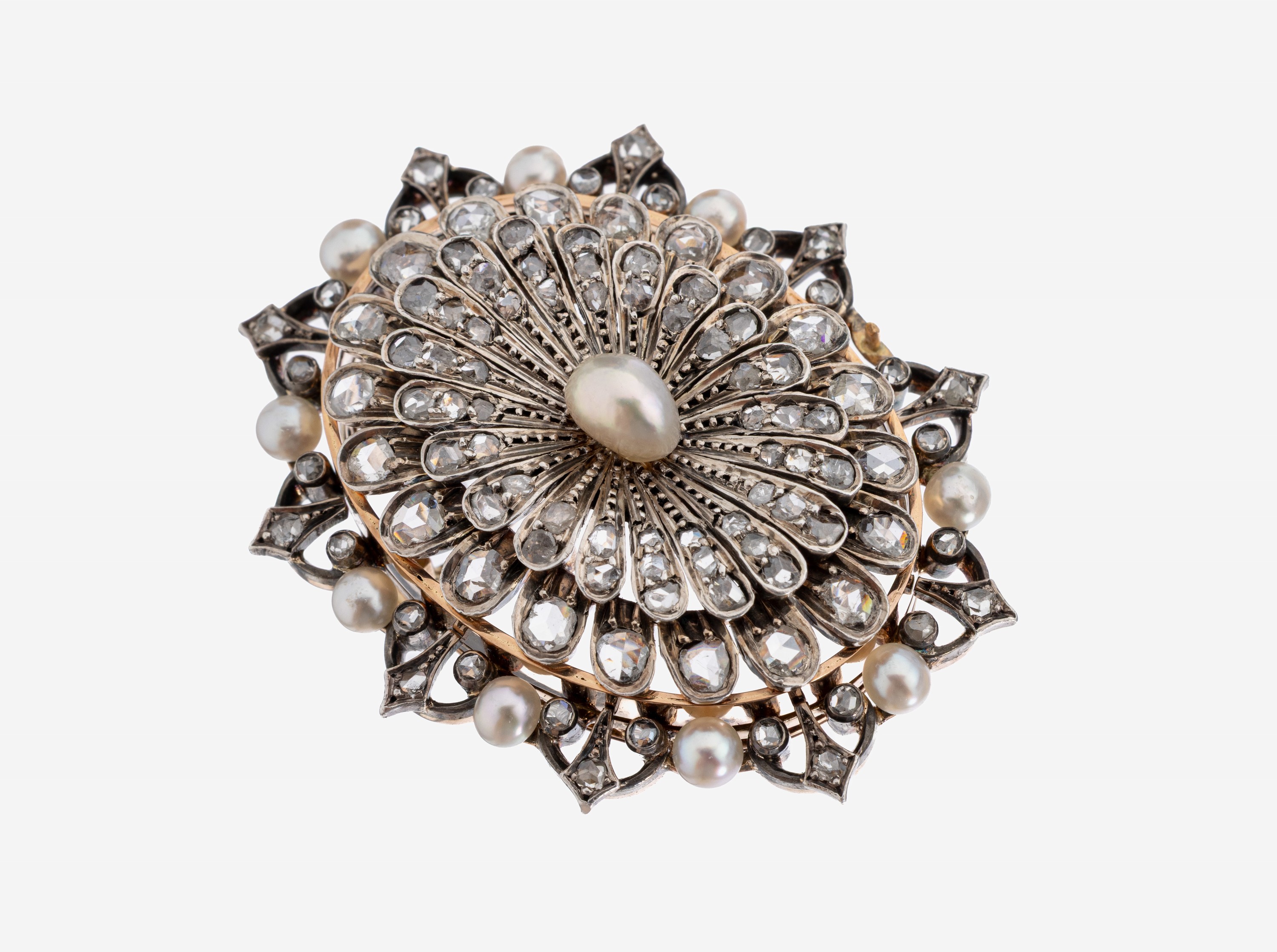 Image 27134552 - 14 kt Gold Diamant-Perl-Brosche, um 1880, RG 585/000 gepr., schauseitig zeittyp. ...
