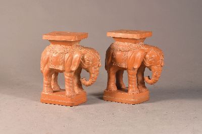 Image Pair of terracotta elephant figures by Mario Benci, removable pedestals and usable as ...