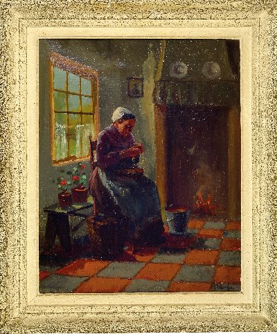 27134543k - Hendrik van Leeuwen, 1890-1972, kitchen interior with a woman peeling potatoes in front ...