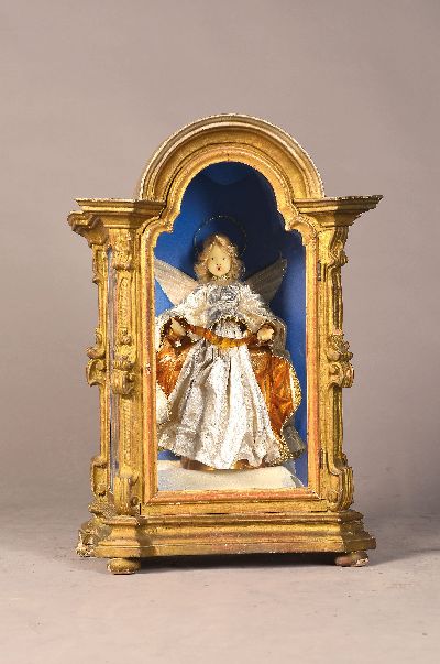 Image Decorative angel doll in a display case, 20th century, wood, framed display case in the ...