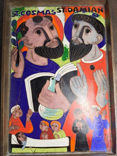 27135002g - Emailbild von Egino Weinert, 1920 Berlin - 2012 Frechen, Hl. Kosmas und Hl. Damian, ...
