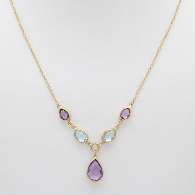Image Collier mit Farbsteinen, GG 585/000, 3 Amethysttropfen im Schachbrettschliff ca. 3 ctu. ...