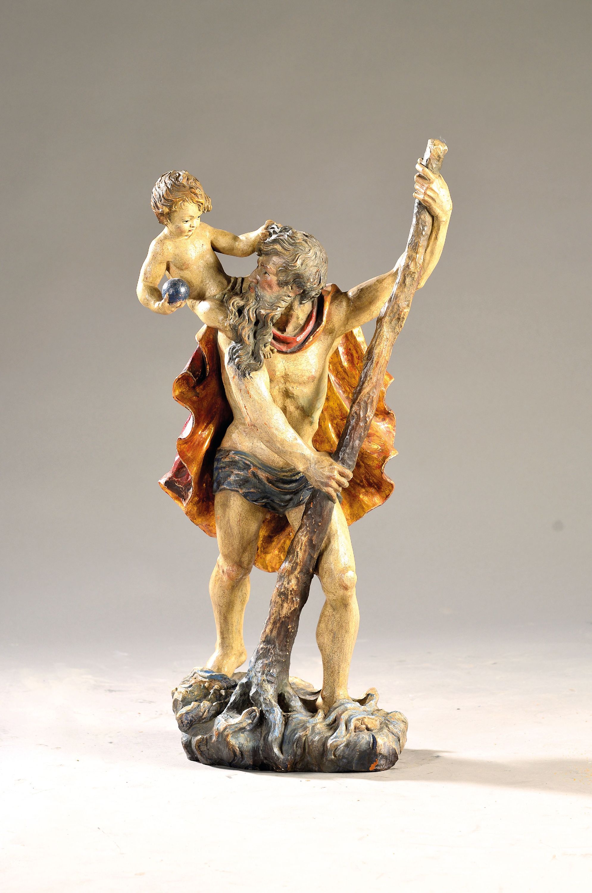 Image 27135270 - Große Heiligenfigur/ Hl. Christopherus, wohl süddeutsch, 1978, mit Jesuskind auf den ...