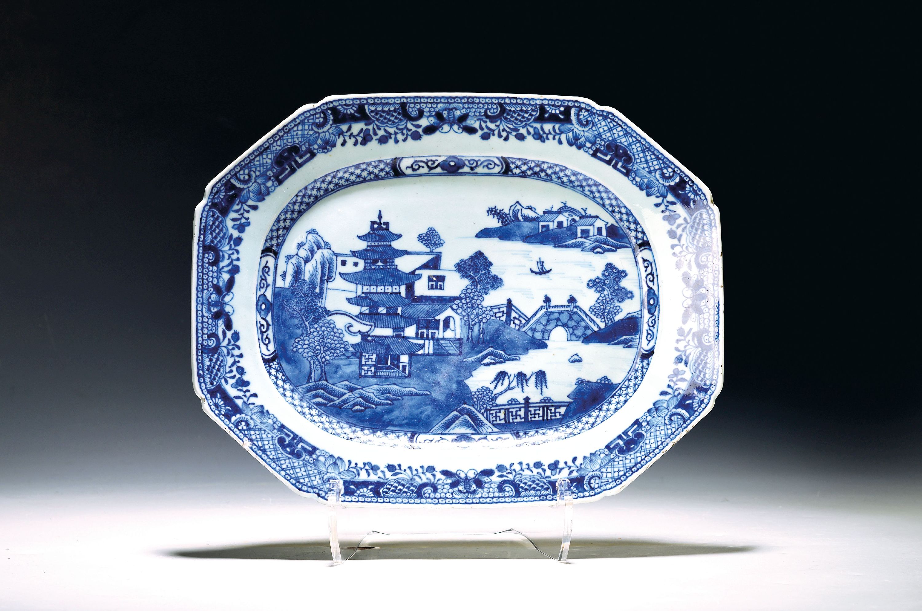 Image 27135577 - Plate, China, 18th century, river landscape with houses and pagoda, at the corners ...